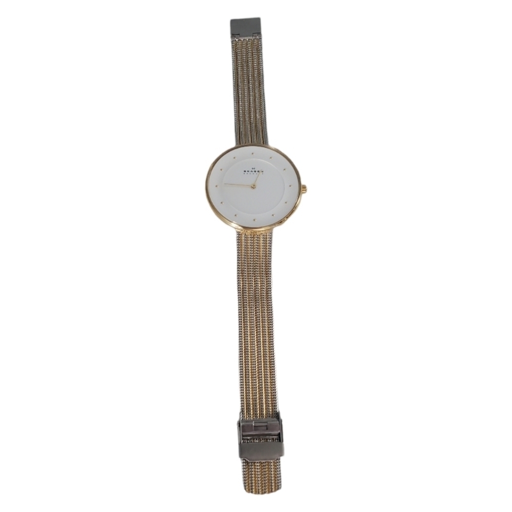 Skagen Denmark Two Toned Silvertone and Goldtone Large White Faced Watch